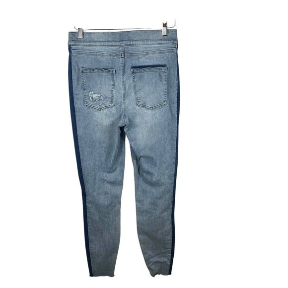 SPANX Jeans Women's Large Blue Two Tone Distressed Ankle Skinny Pull On jeans - Picture 2 of 11